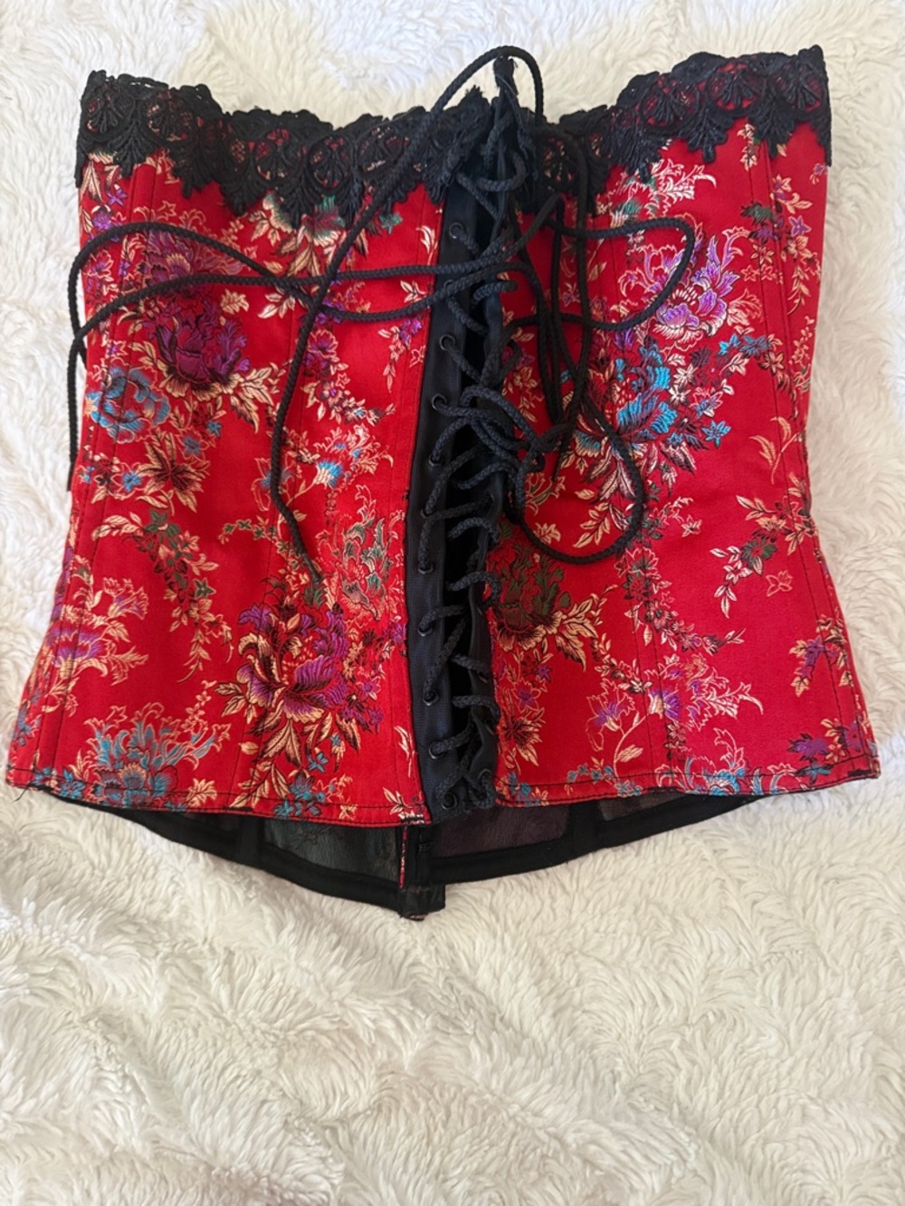 Red Floral Corset Top with Black Lace Trim